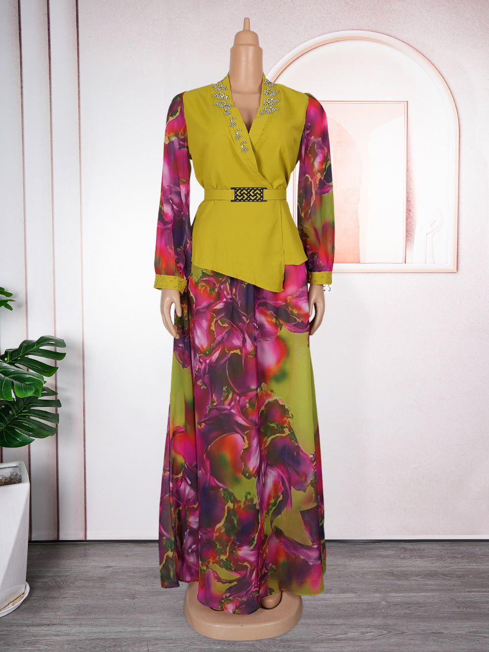 LADIES PLUS SIZE TWO PIECE SKIRT SET                        PURPLE / YELLOW / BLACK                     (SIZE  L - 3XL)