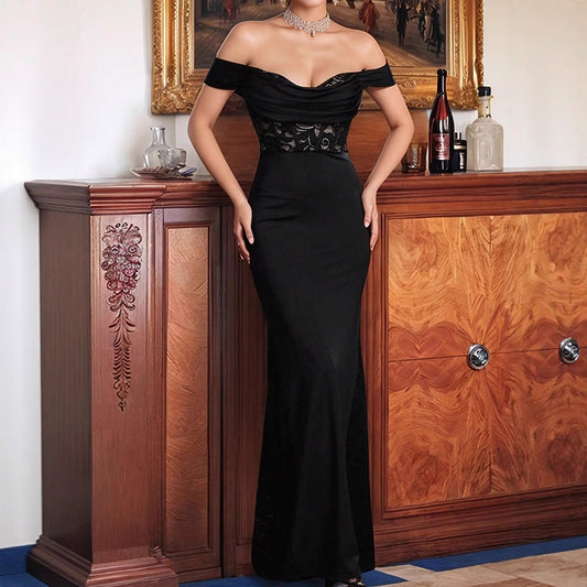 LADIES OFF THE SHOULDER EVENING DRESS                           BLACK                             (SIZE  S - L)