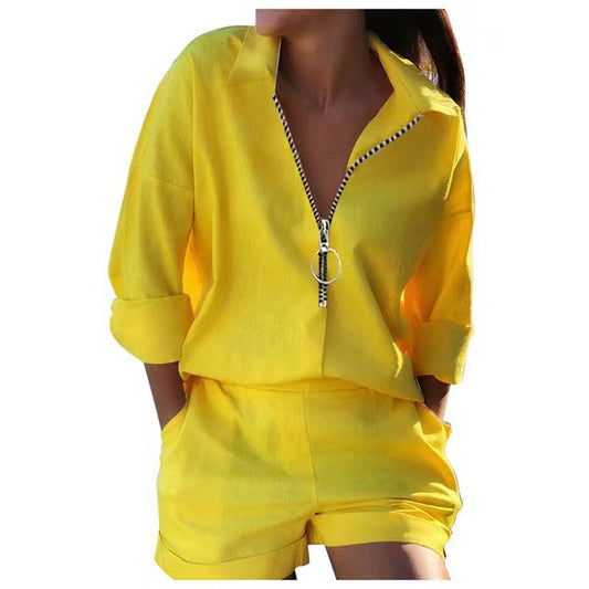 LADIES PLUS SIZE TWO PIECE SHIRT & SHORTS SET                    YELLOW                      (SIZE  S - 4XL)