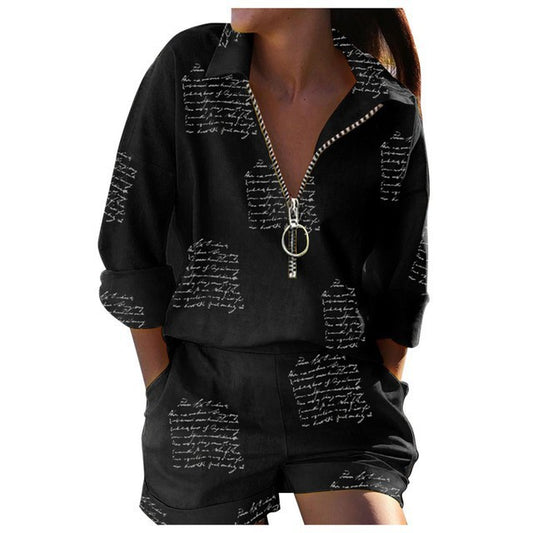LADIES PLUS SIZE TWO PIECE SHIRT & SHORTS SET                             BLACK PRINT / WHITE PRINT                        (SIZE  S - 4XL)