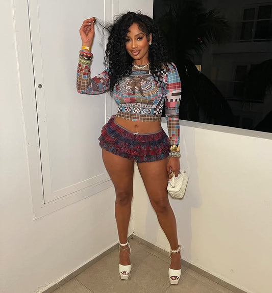 LADIES LONG SLEEVE MESH CROP TOP                          WHITE MULTI COLOUR                    (SIZE  S - L)