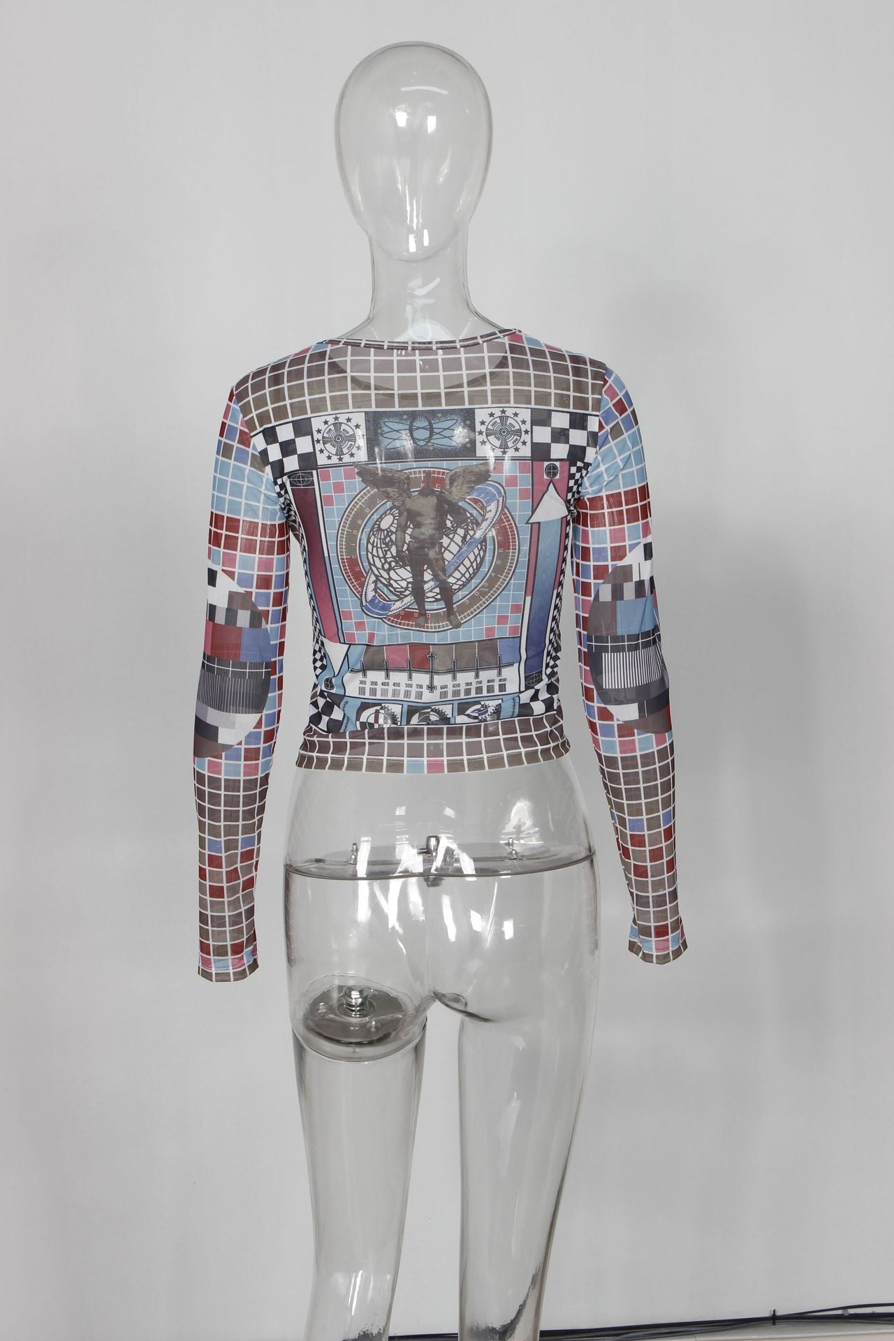 LADIES LONG SLEEVE MESH CROP TOP                          WHITE MULTI COLOUR                    (SIZE  S - L)