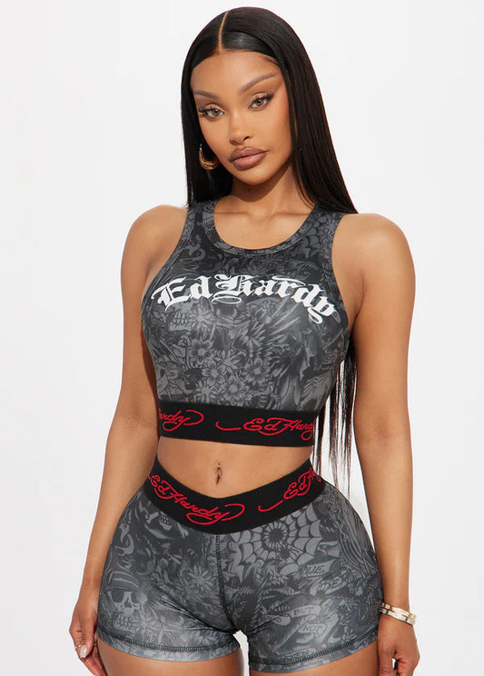 LADIES TWO PIECE SLEEVELESS VEST & SHORTS SET                         WHITE / GRAY                       (SIZE  S - XL)