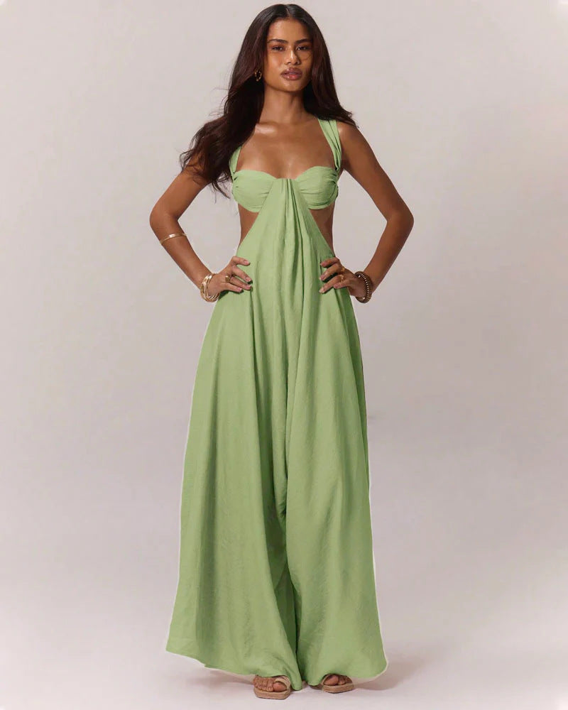 LADIES LONG SLEEVELESS LOOSE JUMPSUIT                            BLACK / GREEN                              (SIZE  S - 2XL)