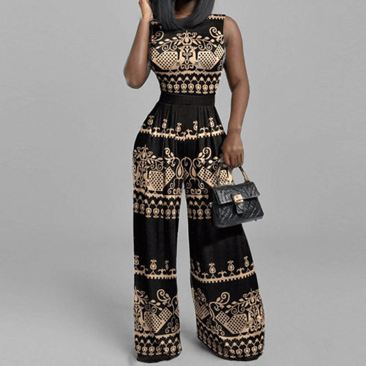 LADIES SLEEVELESS WIDE LEG JUMPSUIT                         BLACK MULTICOLOUR                          (SIZE  S - 3XL)
