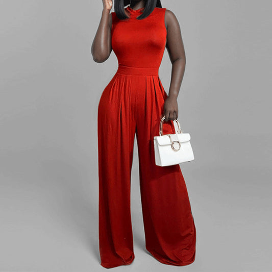 LADIES SLEEVELESS WIDE LEG JUMPSUIT                            ORANGE-RED                                (SIZE  S - 3XL)