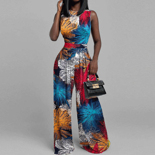 LADIES SLEEVELESS WIDE LEG JUMPSUIT                                BLUE-RED MULTICOLOUR                               (SIZE  S - 3XL)