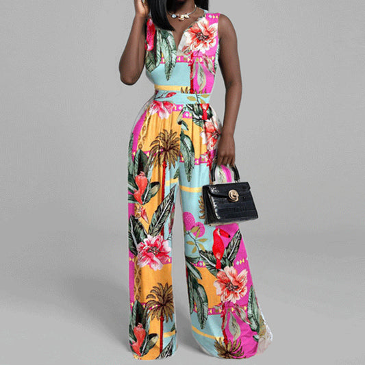 LADIES SLEEVELESS WIDE LEG JUMPSUIT                                     PINK MULTICOLOUR                                  (SIZE  S - 3XL)