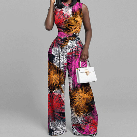 LADIES SLEEVELESS WIDE LEG JUMPSUIT                                 PINK-ORANGE MULTICOLOUR                                (SIZE  S - 3XL)