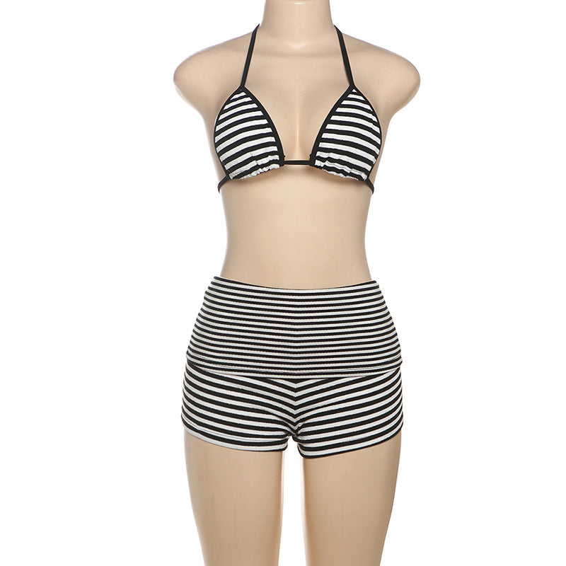 LADIES TWO PIECE BIKINI & SHORTS SET                          BLACK & WHITE                              (SIZE  S - L)