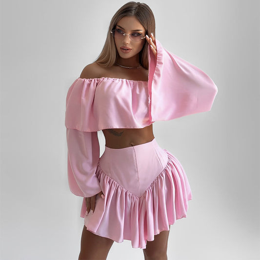LADIES TWO PIECE OFF THE SHOULDER TOP & SKIRT SET                      PINK / WHITE                   (SIZE  S - XL)