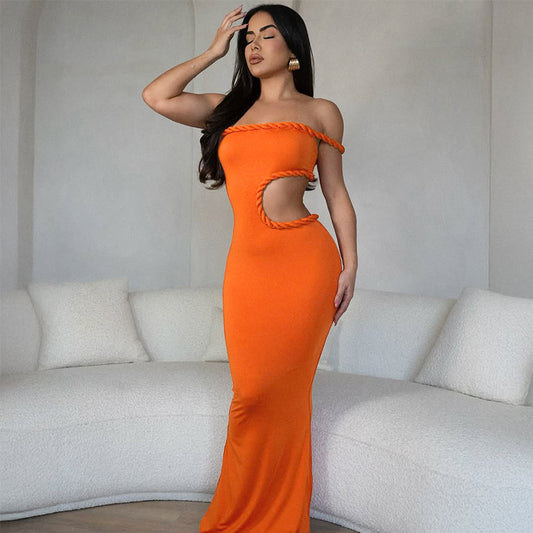LADIES OFF THE SHOULDER CUT OUT LONG DRESS                             DARK ORANGE / BLACK                            (SIZE  S - L)