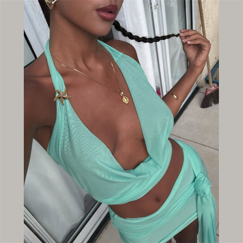 LADIES TWO PIECE MINI SKIRT SET                           TURQUOISE GREEN                        (SIZE  S - L)