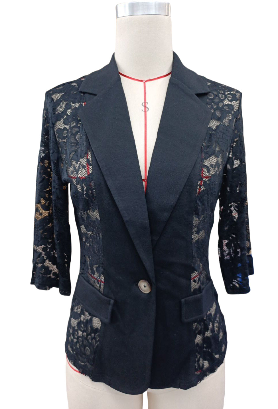 LADIES BLAZER JACKET WITH LACE INSET                              WHITE  /  BLACK                               (SIZE  S - 2XL)