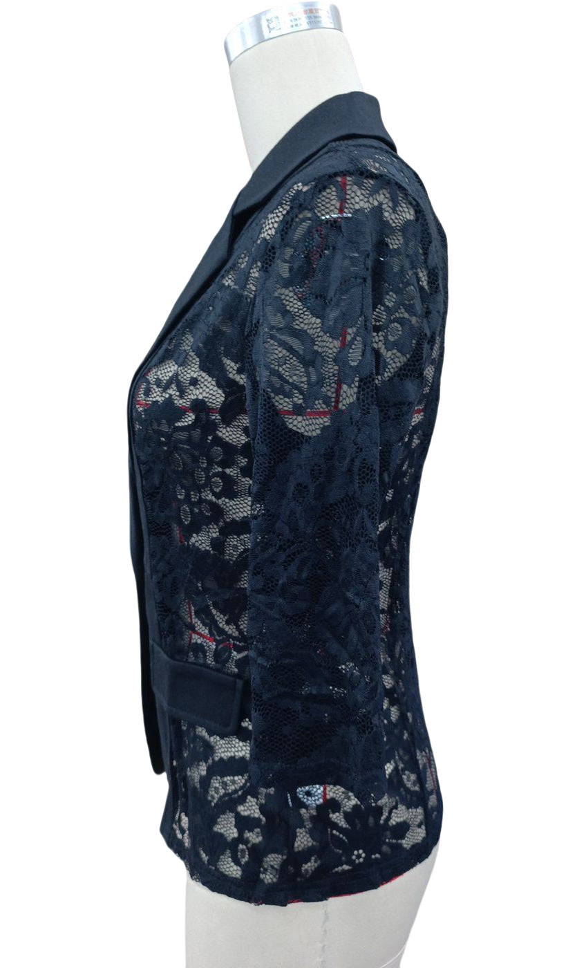 LADIES BLAZER JACKET WITH LACE INSET                              WHITE  /  BLACK                               (SIZE  S - 2XL)