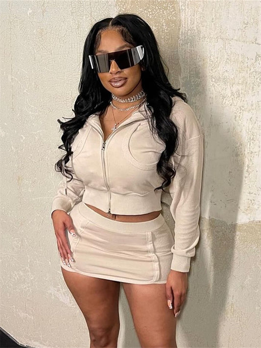 LADIES TWO PIECE ZIPPER JACKET & SKIRT SET                               APRICOT-BEIGE / KHAKI / PINK / BLACK                             (SIZE  S - L)