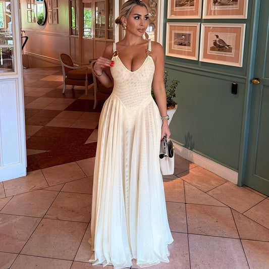 LADIES BACKLESS LONG DRESS                           APRICOT-BEIGE                      (SIZE  S - L)