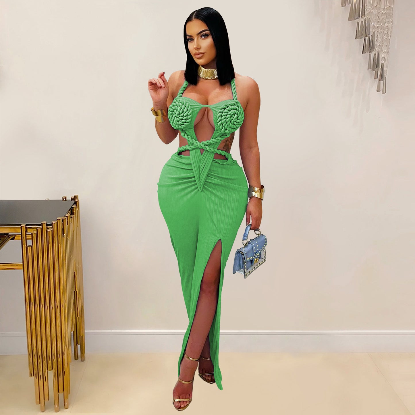 LADIES HALTERNECK NIGHTCLUB DRESS                             BLUE / GREEN / ORANGE / KHAKI                                 (SIZE  S - 2XL)