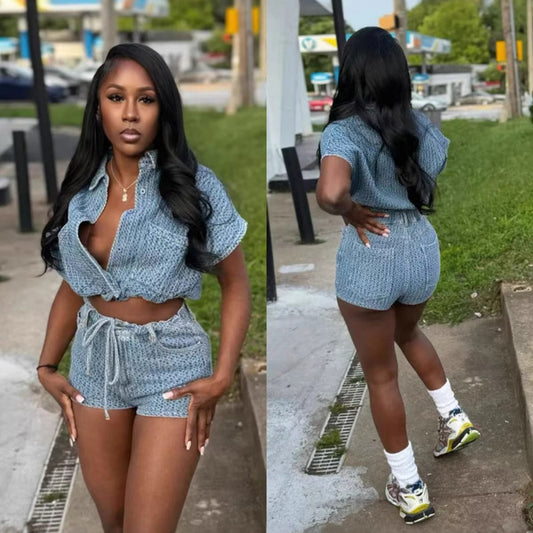 LADIES TWO PIECE TOP & SHORTS SET                          BLUE DENIM                             (SIZE  S - 2XL)