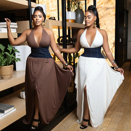 LADIES V-NECK LONG DRESS                                            WHITE / BROWN                                          (SIZE  S - 2XL)