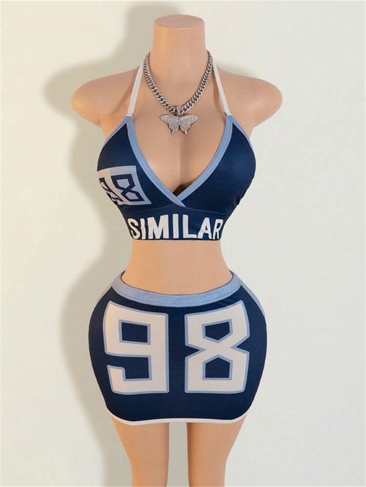 LADIES TWO PIECE BACKLESS TOP & SKIRT SET                                 BLUE                             (SIZE  S - L)