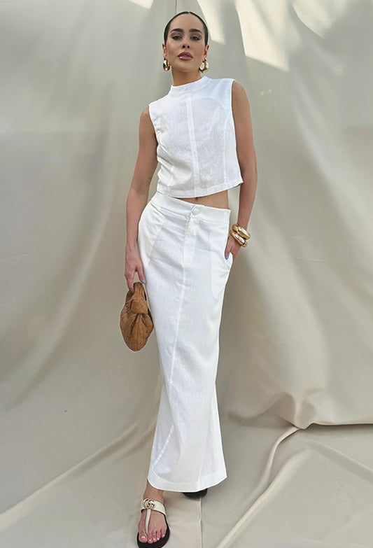 LADIES TWO PIECE TOP & SKIRT SET                           WHITE                                (SIZE  S - L)