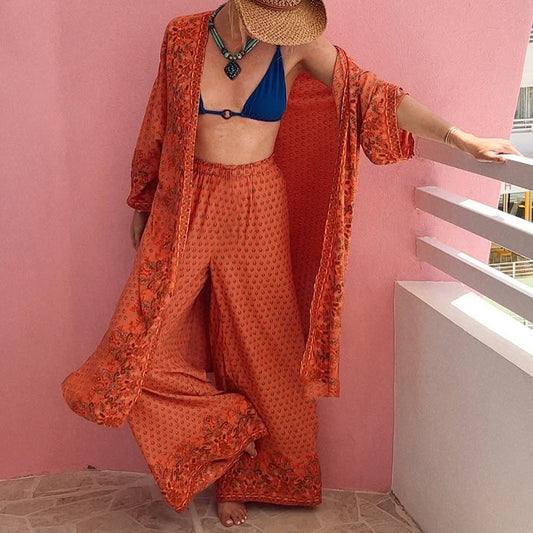 LADIES TWO PIECE TOP & PANTS SET                               ORANGE                               (SIZE  S - XL)