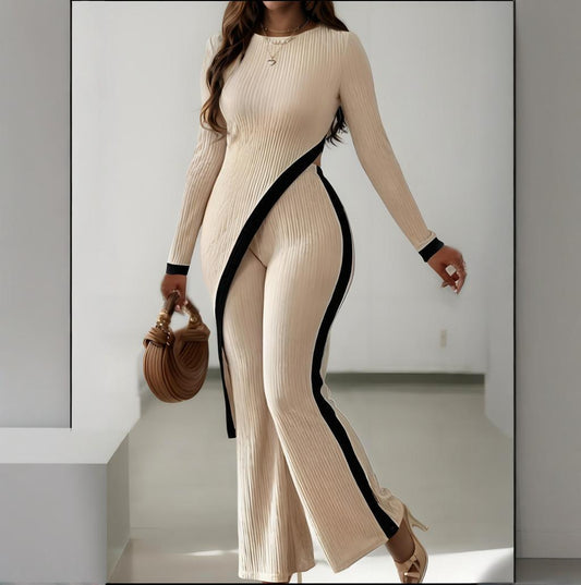 LADIES TWO PIECE LONG SLEEVE TOP & PANTS SET                            APRICOT-BEIGE                             (SIZE  S - XL)