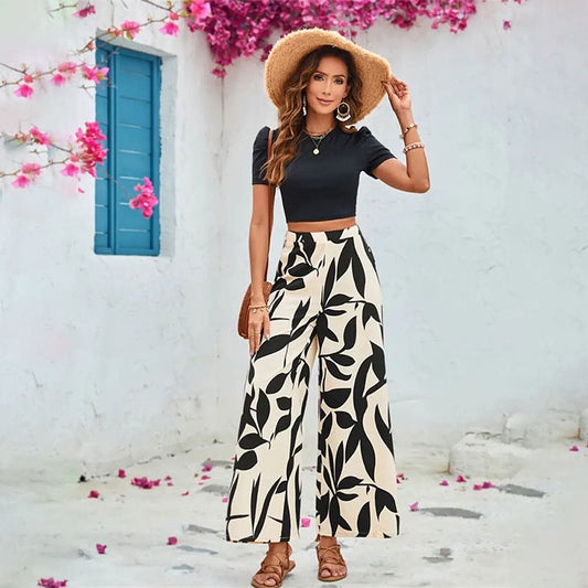 LADIES TWO PIECE SHORT SLEEVE CROPPED T-SHIRT & WIDE LEG PANTS SET                          BEIGE & BLACK                               (SIZE  S - XL)