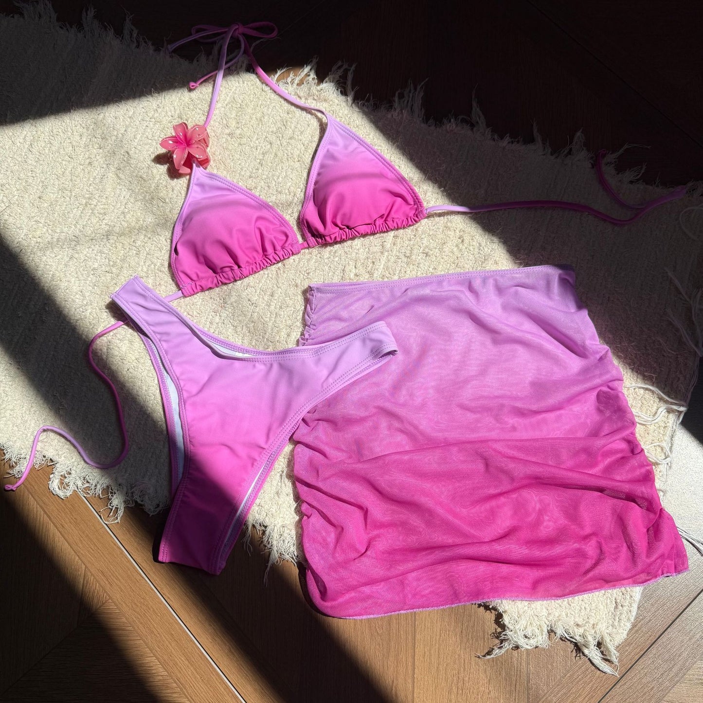 LADIES THREE PIECE BIKINI SWIMWEAR BEACHWEAR SET                            PINK / YELLOW / GREEN                        (SIZE  S - L)