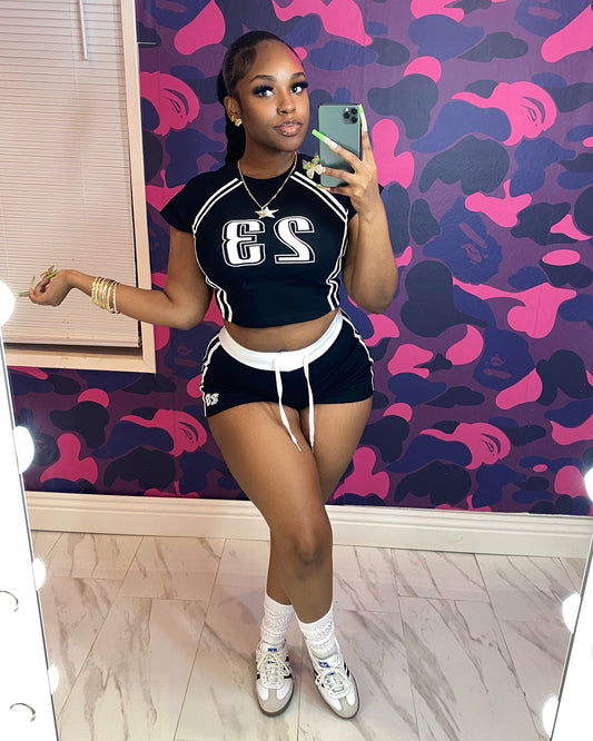 LADIES TWO PIECE SHORT SLEEVE CROPPED T-SHIRT & SHORTS SET                                     BLACK / RED / LIGHT GRAY                              (SIZE  S - XL)