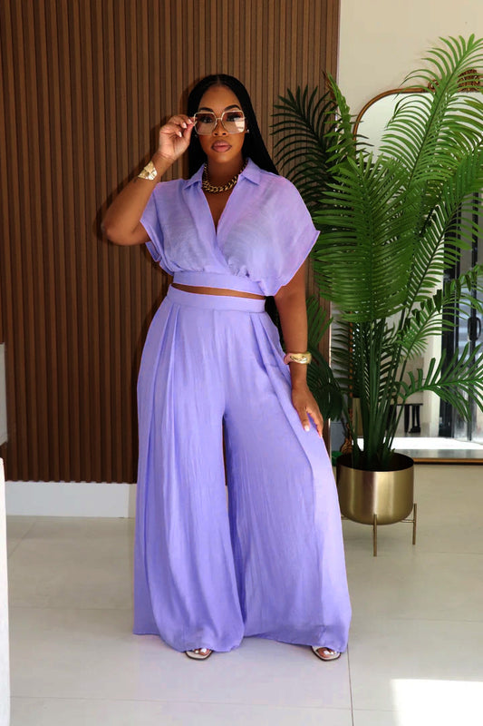 LADIES TWO PIECE SHORT SLEEVE TOP & WIDE LEG PANTS SET                                  LIGHT PURPLE / PINK / LIGHT BLUE / WHITE                                  (SIZE  S - 2XL)