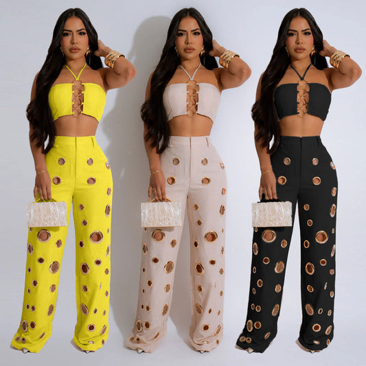 LADIES TWO PIECE TOP & PANTS SET                                   BLACK / YELLOW / APRICOT-BEIGE                              (SIZE  S - XL)