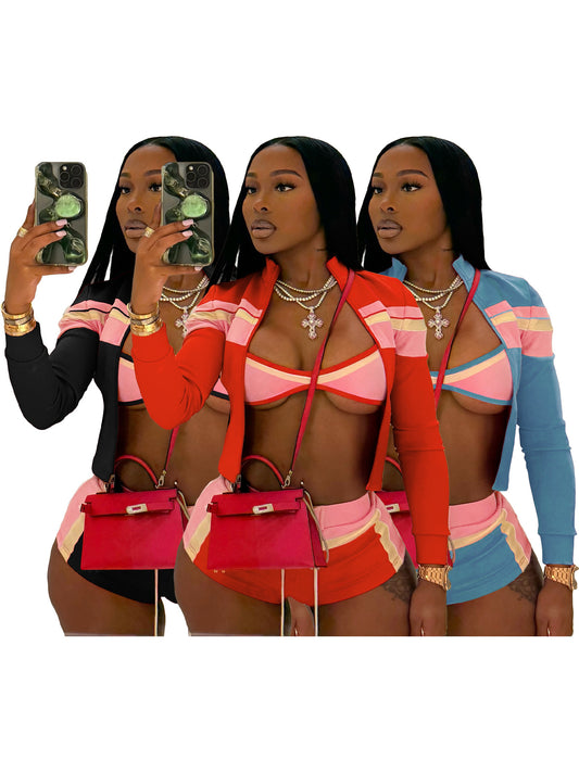LADIES THREE PIECE SHORTS SET                                      ORANGE-RED / BLUE / BLACK                               (SIZE  S - XL)