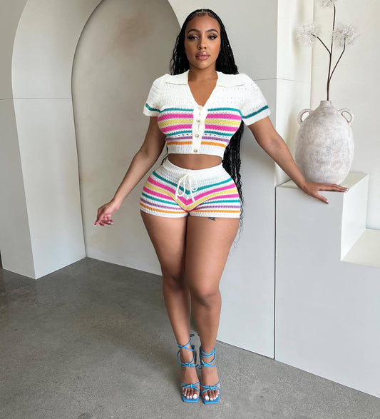 LADIES TWO PIECE SHORT SLEEVE TOP & SHORTS SET                                    WHITE MULTICOLOUR                               (SIZE  S - XL)