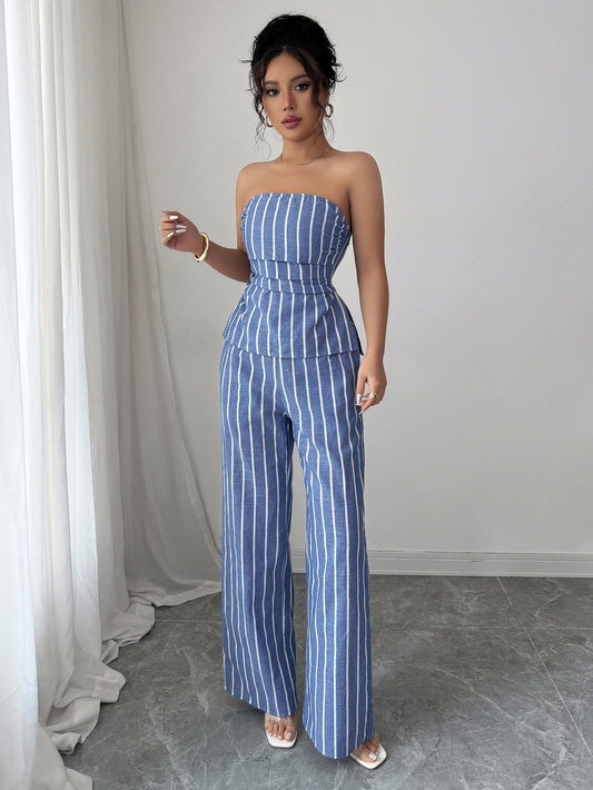 LADIES TWO PIECE STRAPLESS TOP & PANTS SET                               BLUE                              (SIZE  S - XL)