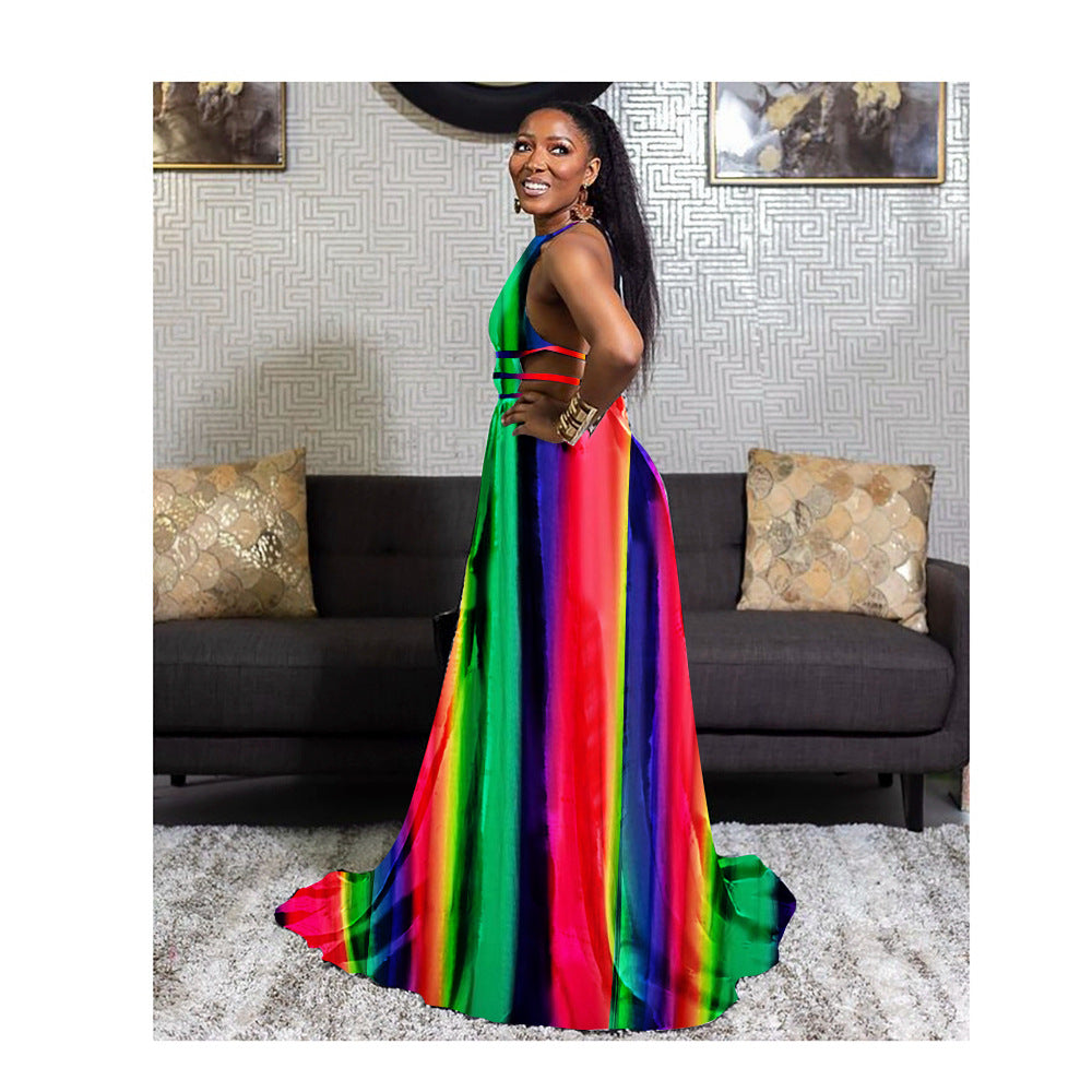 LADIES HALTERNECK BACKLESS DRESS                                WINE RED / BLACK / DARK GREEN RAINBOW MULTI COLOUR                               (SIZE  S - XL)