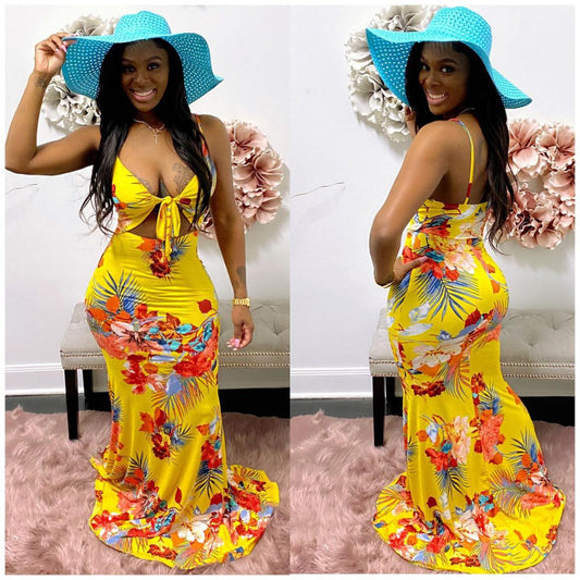 LADIES LONG PRINTED SUMMER DRESS                                YELLOW                                     (SIZE  S - XL)