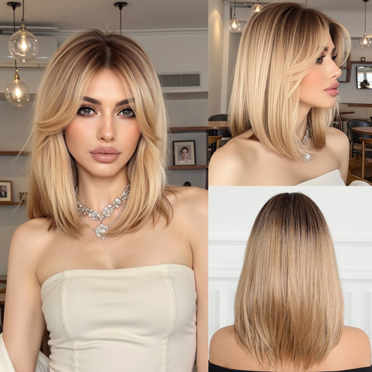 BROWN SHOULDER LENGTH SYNTHETIC WIG                                      BROWN BLONDE