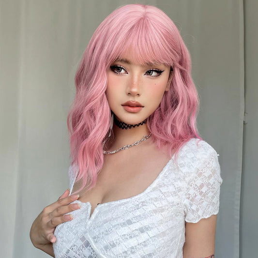 LADIES SHOULDER LENGTH CURLY WIG                                    PINK / WHITE BLONDE                                    FREE SIZE