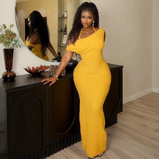 LADIES HALTERNECK LOW BACK LONG DRESS                                  YELLOW / BLACK                                  (SIZE  S - L)