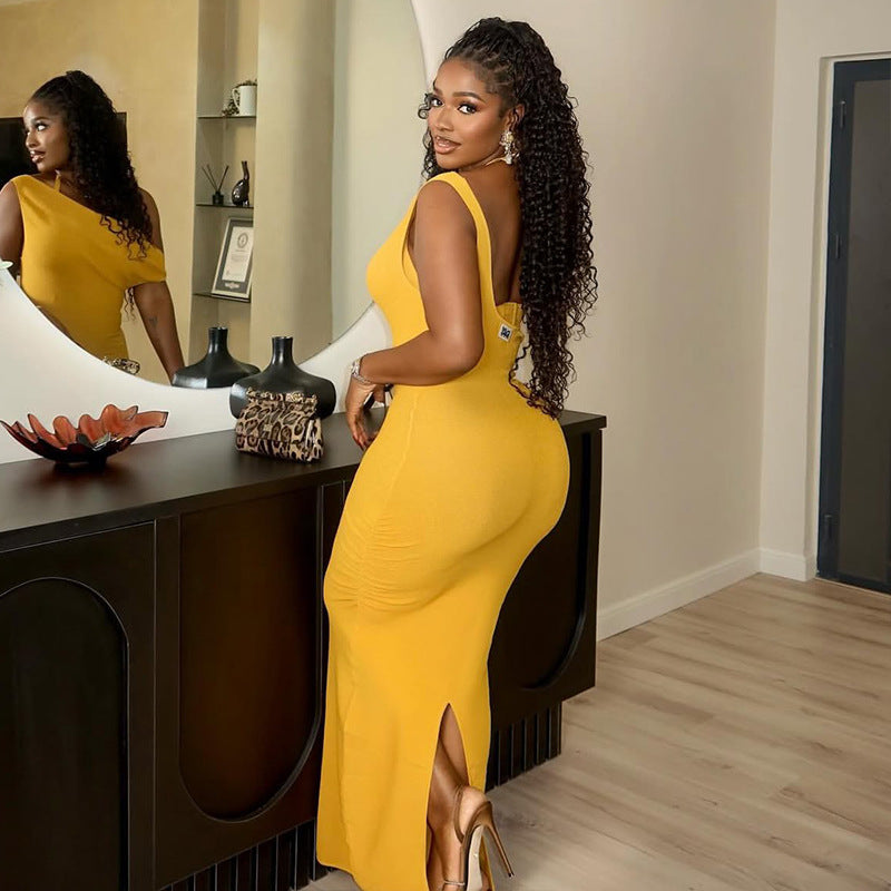 LADIES HALTERNECK LOW BACK LONG DRESS                                  YELLOW / BLACK                                  (SIZE  S - L)