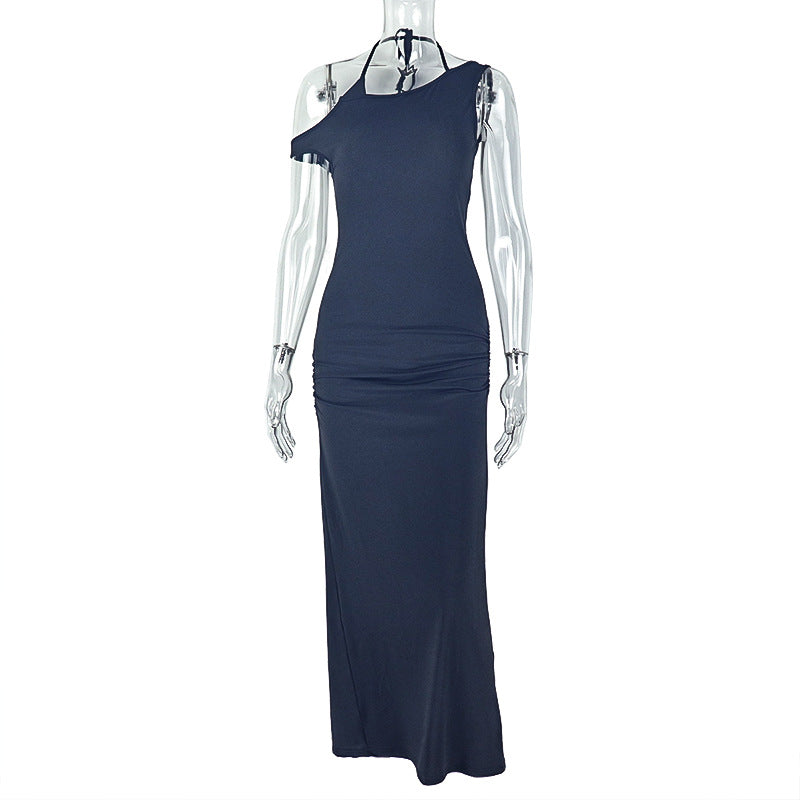LADIES HALTERNECK LOW BACK LONG DRESS                                  YELLOW / BLACK                                  (SIZE  S - L)