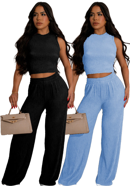 LADIES TWO PIECE SLEEVELESS TOP & PANTS SET                             BLACK/ LIGHT BLUE                          (SIZE  S - 2XL)