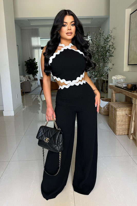 LADIES WIDE LEG JUMPSUIT                                 BLACK                                (SIZE  S - 2XL)