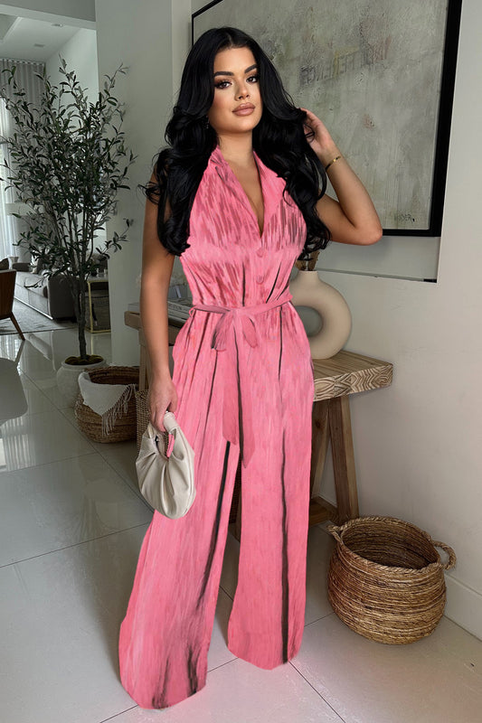 LADIES BACKLESS WIDE LEG JUMPSUIT                            PINK                          (SIZE  S - 2XL)