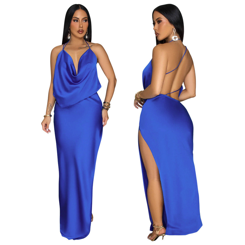 LADIES BACKLESS LONG DRESS                            BLUE / PINK / LIME GREEN                              (SIZE  S - 2XL)
