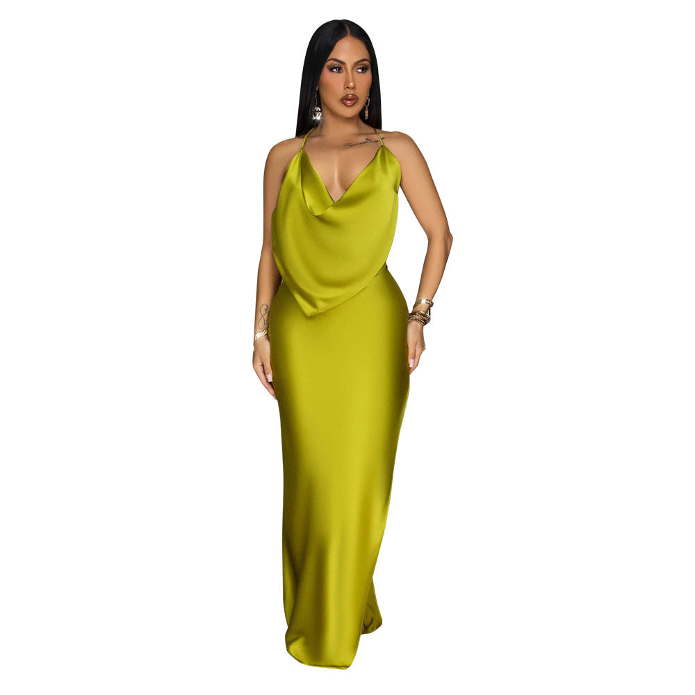 LADIES BACKLESS LONG DRESS                            BLUE / PINK / LIME GREEN                              (SIZE  S - 2XL)