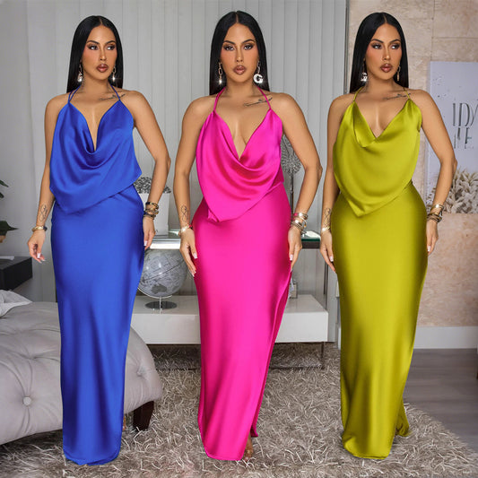 LADIES BACKLESS LONG DRESS                            BLUE / PINK / LIME GREEN                              (SIZE  S - 2XL)