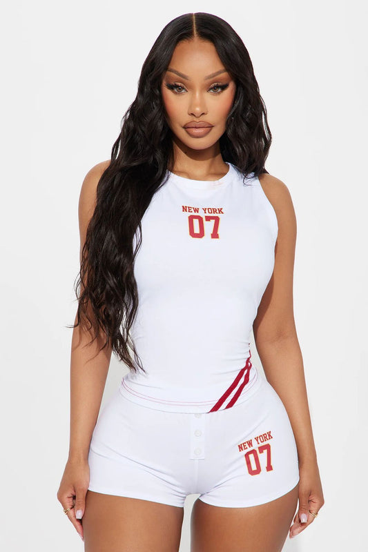 LADIES TWO PIECE SLEEVELESS TOP & SHORTS SET                               WHITE-RED                              (SIZE  S - L)